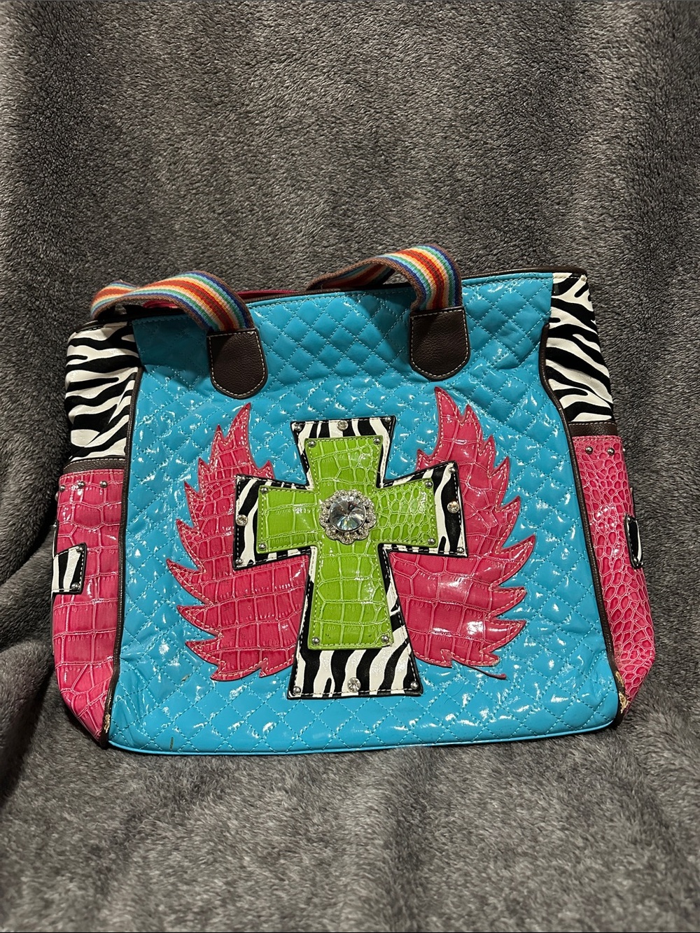 Bright Blue Quilted Tote with Pink Wings and Green Cross Accent